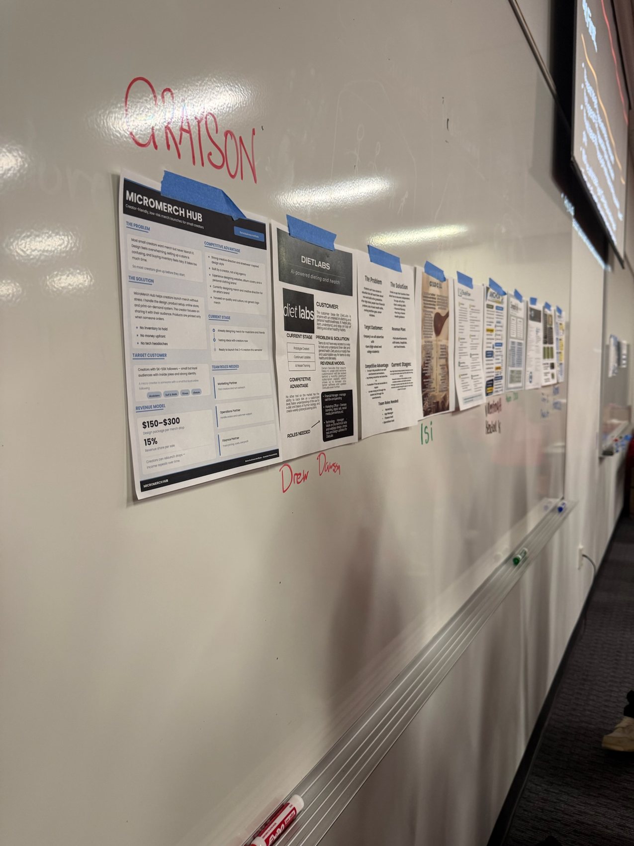 One-page business overviews taped along a whiteboard, students' names written above them in marker.