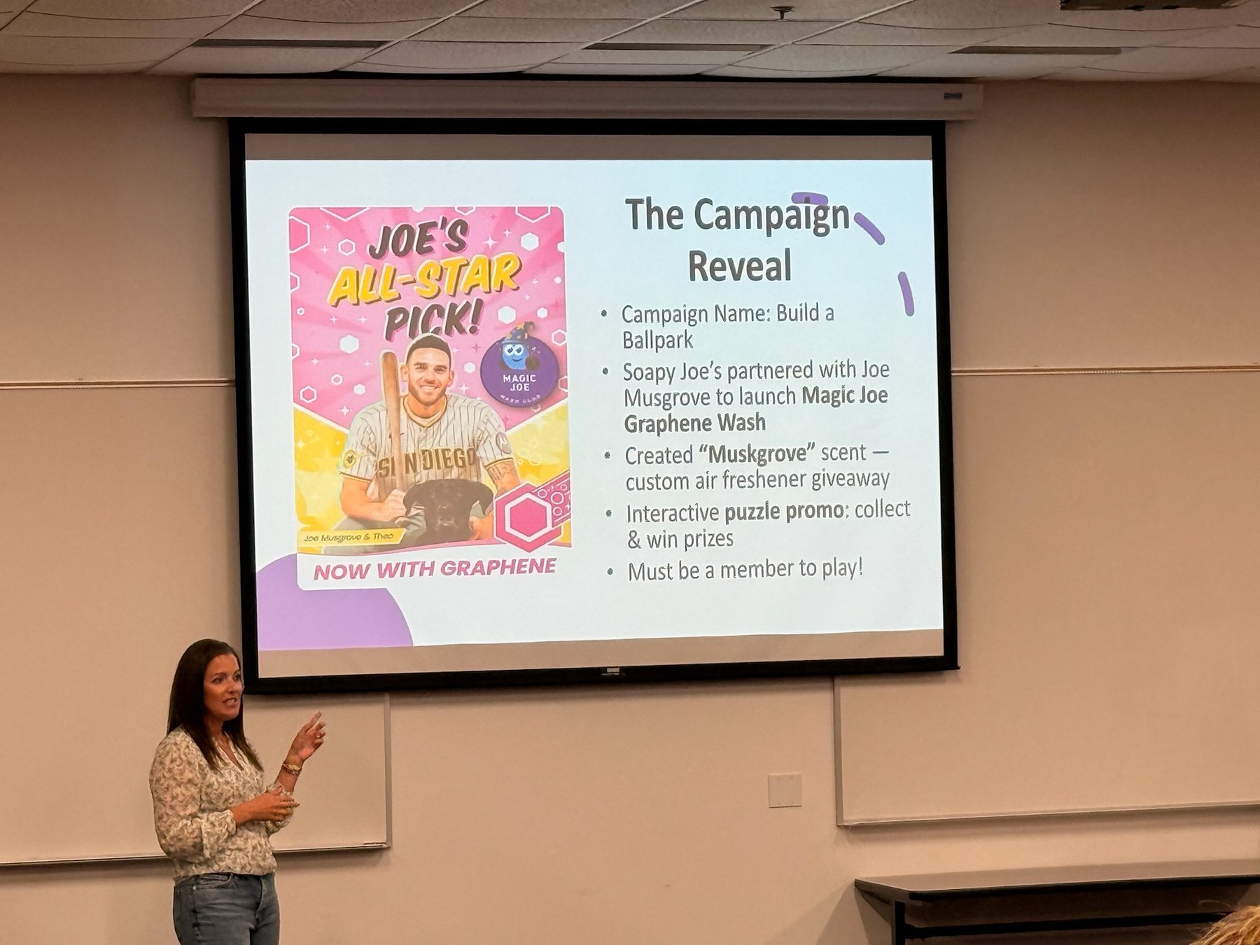 Krista Moffett presenting a Soapy Joe's campaign slide featuring a Joe Musgrove trading card promotion.