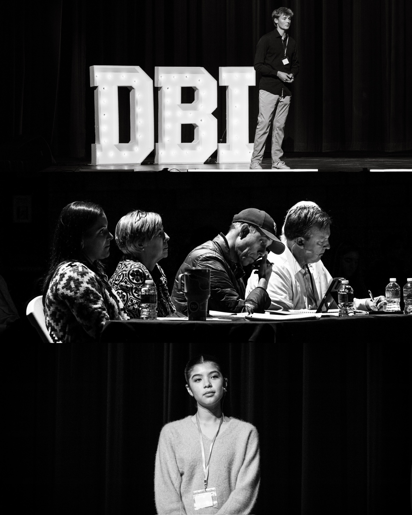 DBI student founders presenting on stage and the judging panel evaluating their pitches